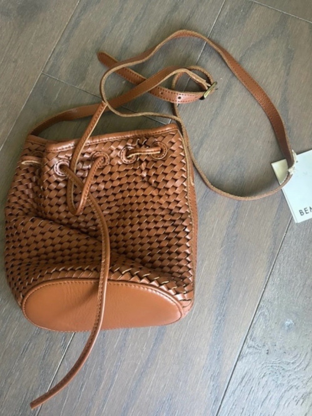 Woven Leather Bucket Crossbody Bag - Tan